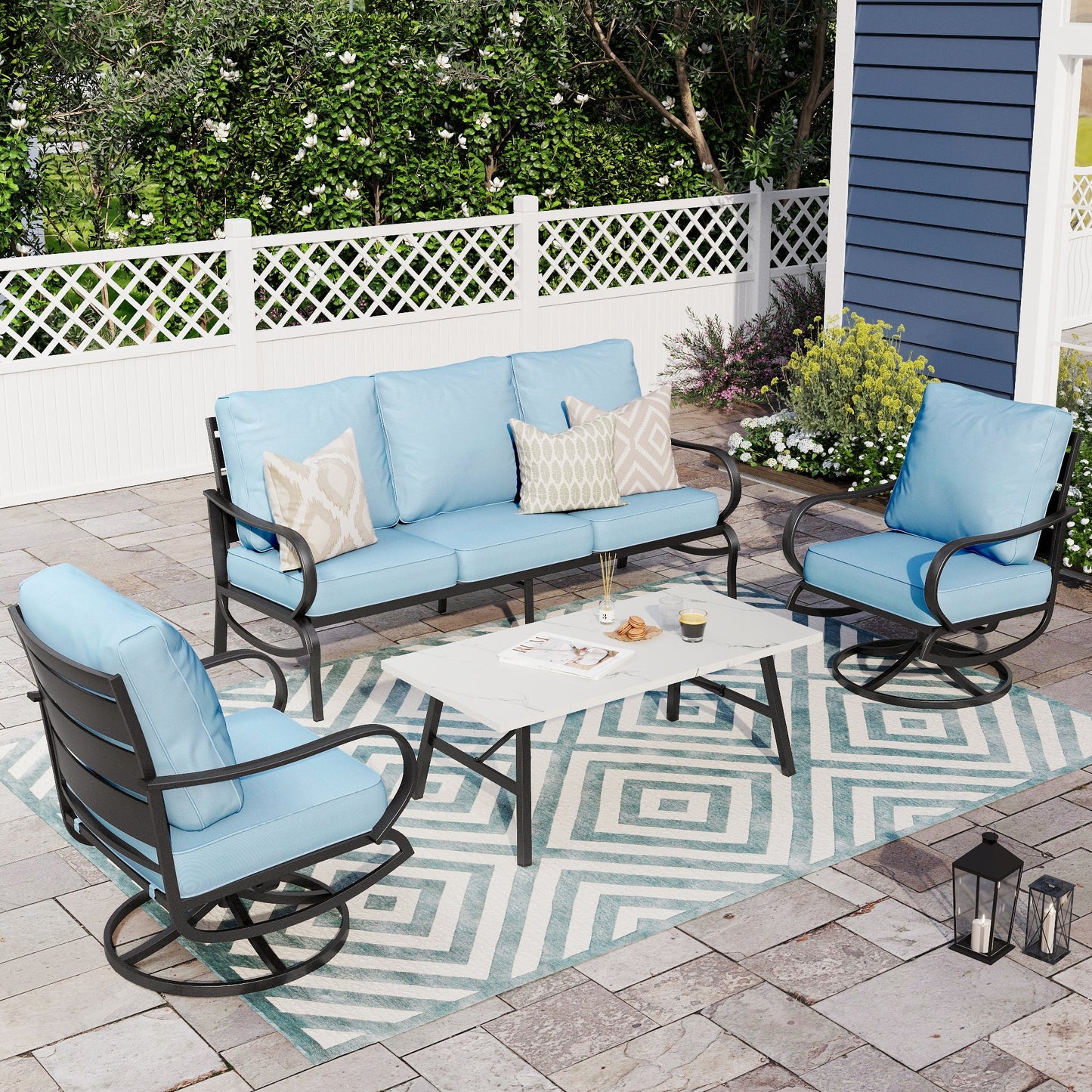 Alpha Joy 5 Seat Outdoor Patio Furniture Set Metal Conversation Set with Swivel Sofa Chairs, Blue