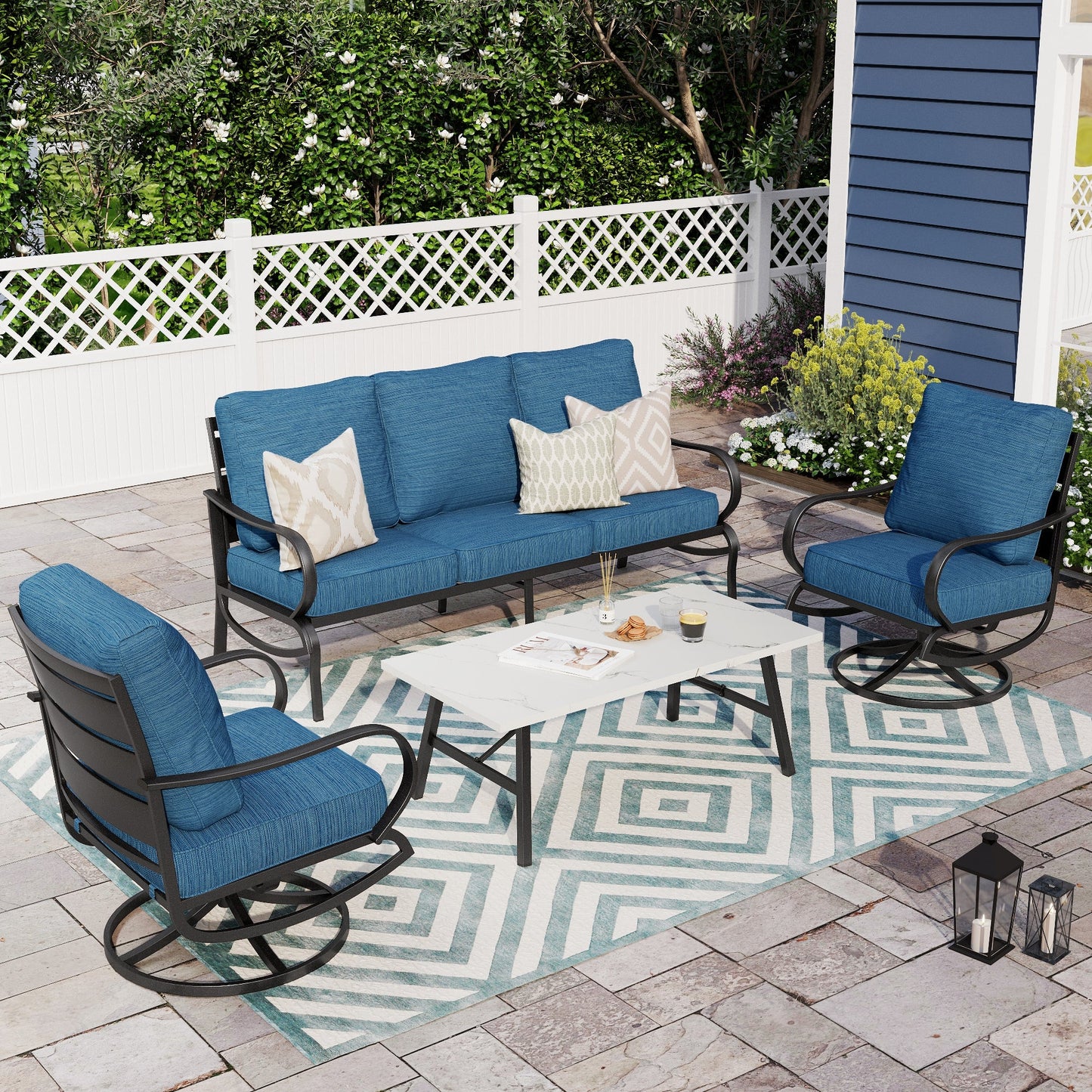 Alpha Joy 5 Seat Outdoor Patio Furniture Set Metal Conversation Set with Swivel Sofa Chairs, Pacific Blue