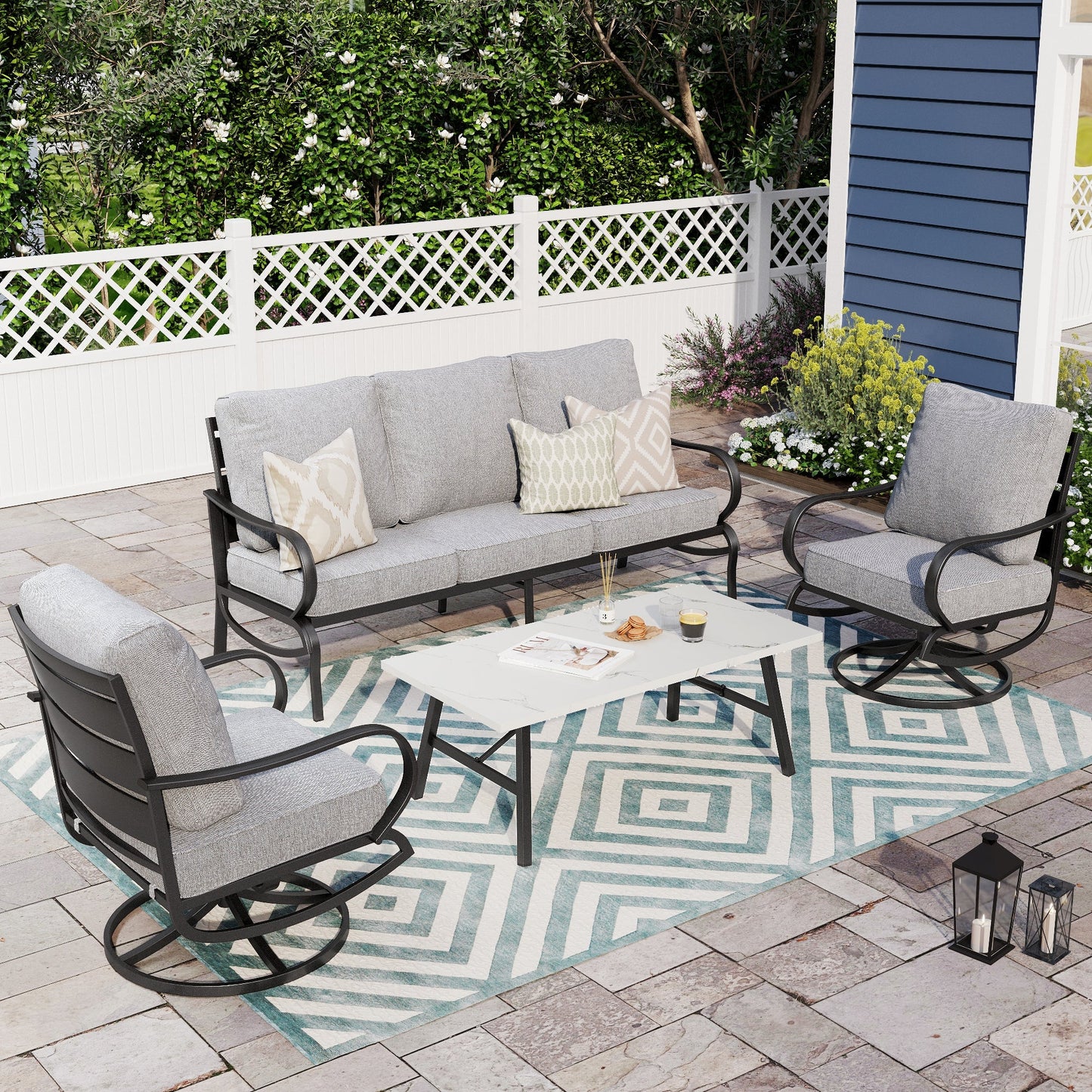 Alpha Joy 5 Seat Outdoor Patio Furniture Set Metal Conversation Set with Swivel Sofa Chairs, Gray