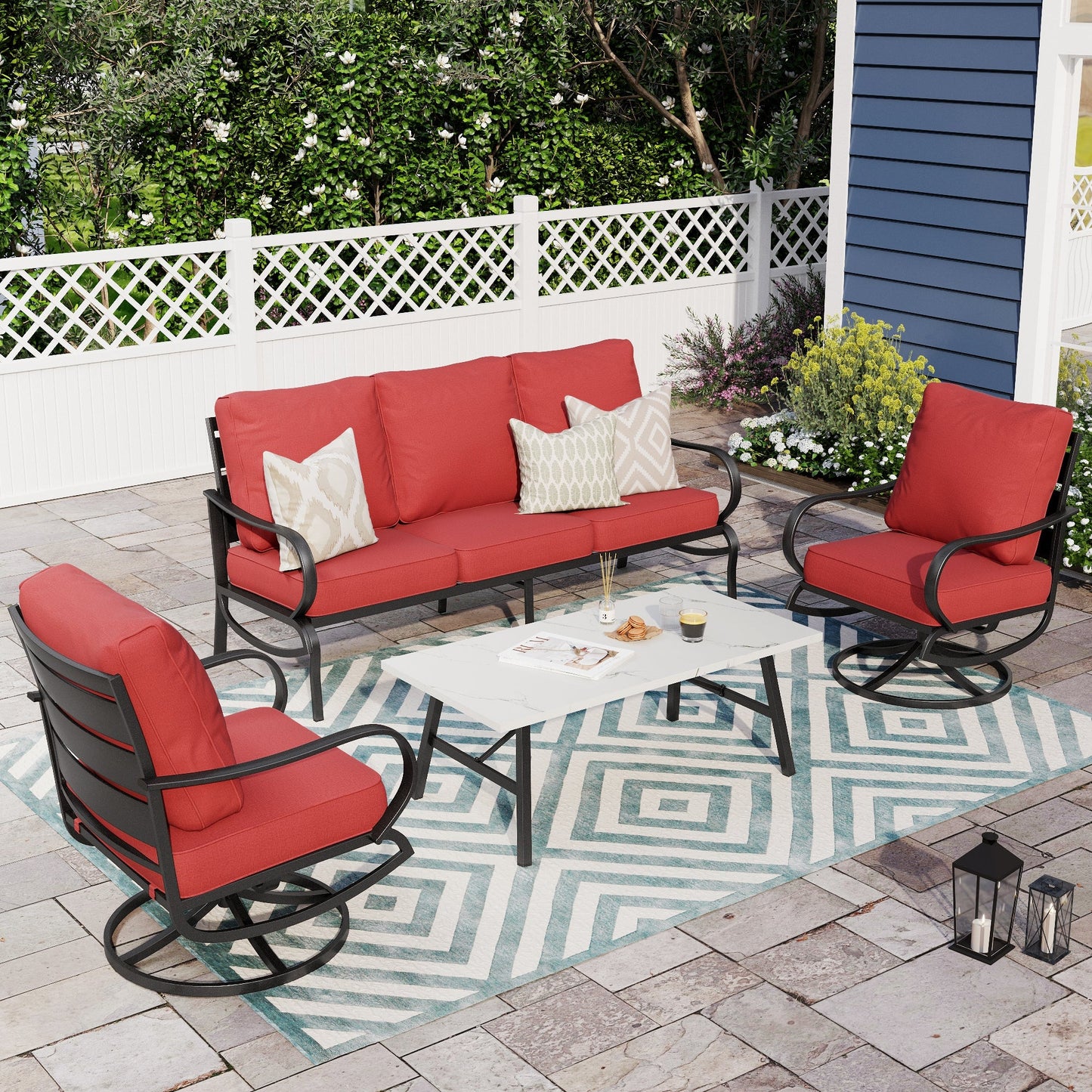 Alpha Joy 5 Seat Outdoor Patio Furniture Set Metal Conversation Set with Swivel Sofa Chairs, Red