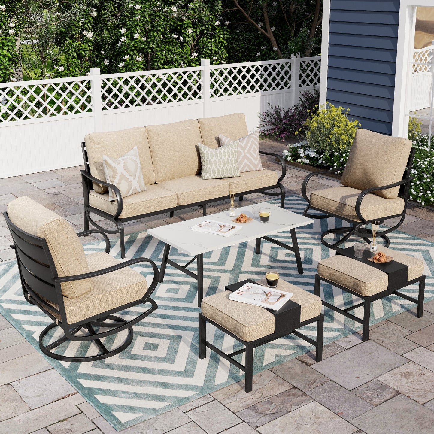 Alpha Joy 7 Seat Outdoor Patio Furniture Set Metal Conversation Set with Swivel Sofa Chairs & Table, Beige