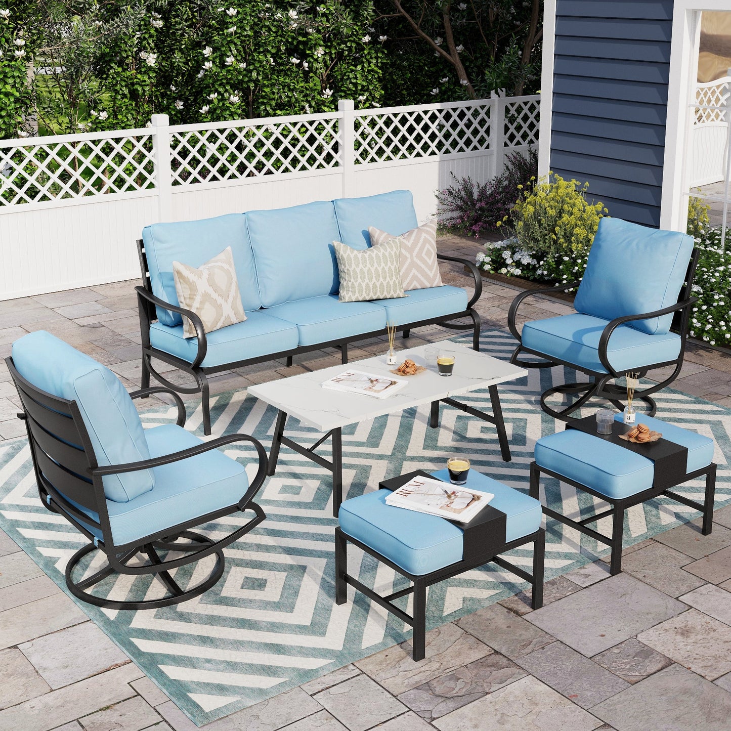 Alpha Joy 7 Seat Outdoor Patio Furniture Set Metal Conversation Set with Swivel Sofa Chairs & Table, Blue