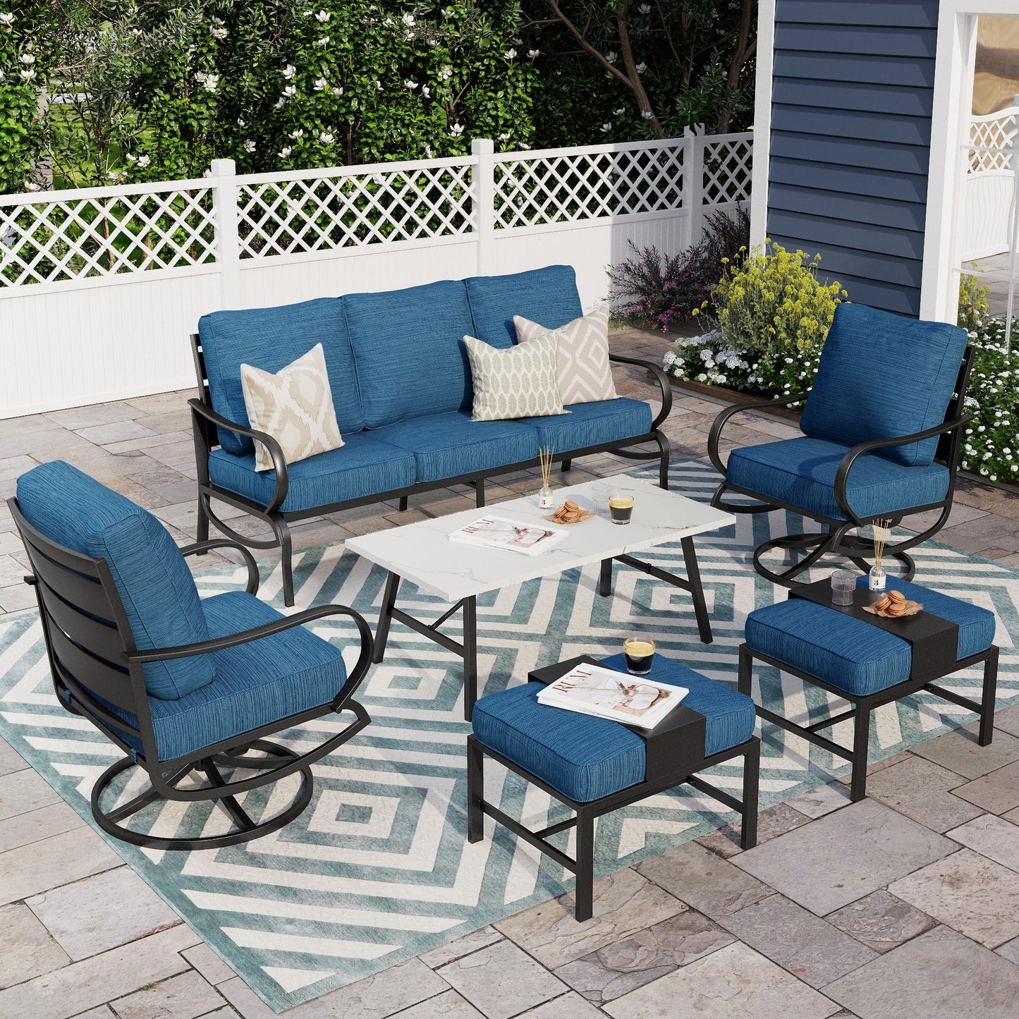 Alpha Joy 7 Seat Outdoor Patio Furniture Set Metal Conversation Set with Swivel Sofa Chairs & Table, Pacific Blue