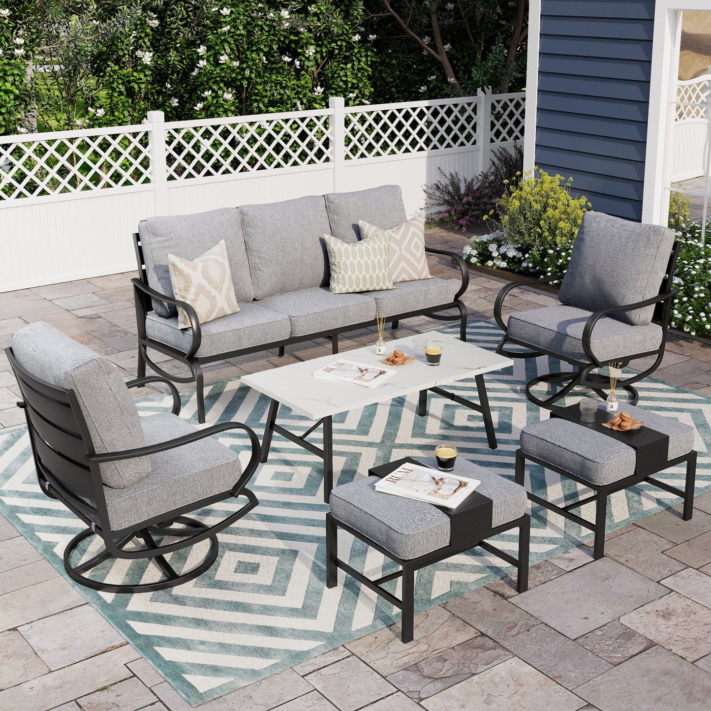 Alpha Joy 7 Seat Outdoor Patio Furniture Set Metal Conversation Set with Swivel Sofa Chairs & Table, Gray