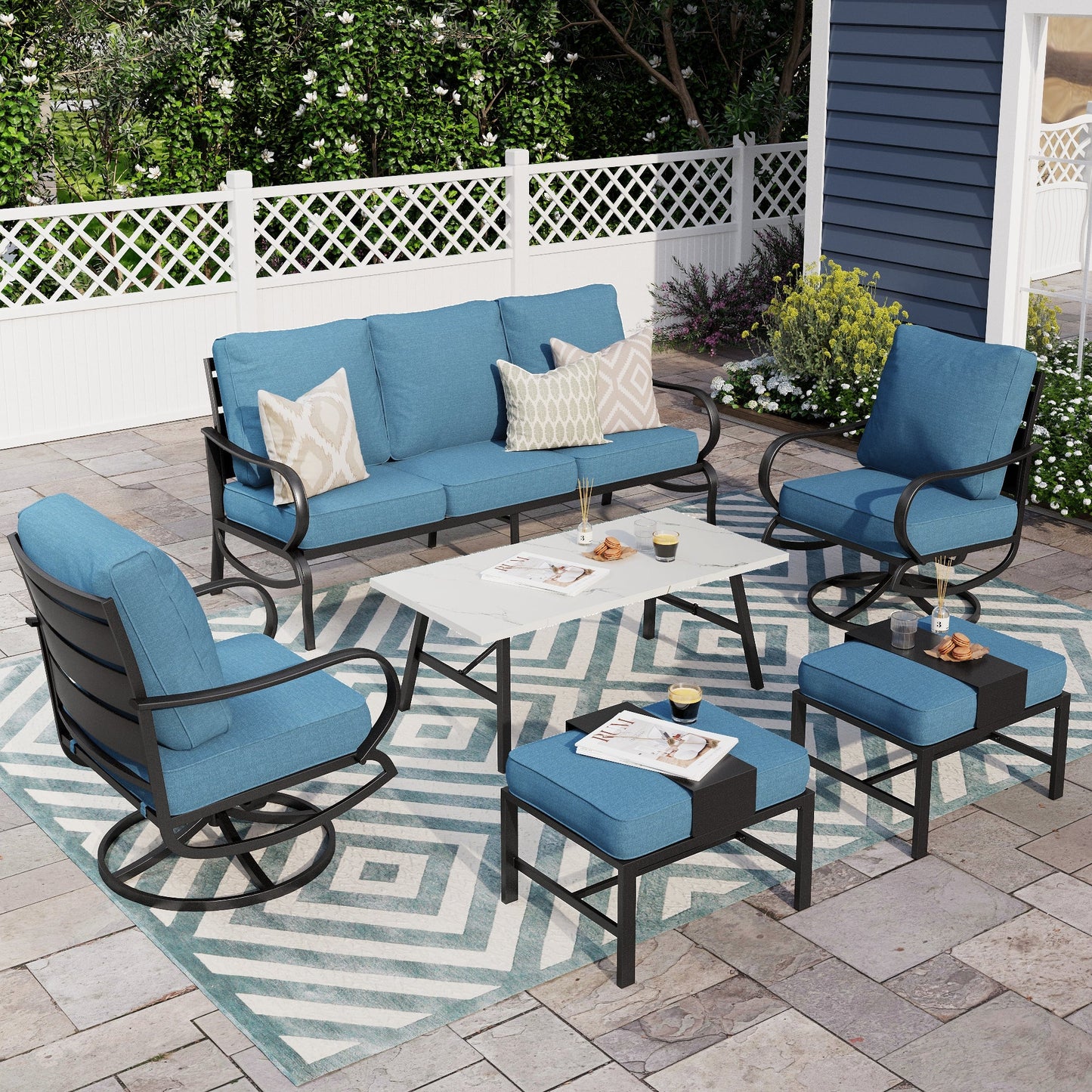 Alpha Joy 7 Seat Outdoor Patio Furniture Set Metal Conversation Set with Swivel Sofa Chairs & Table, Navy Blue