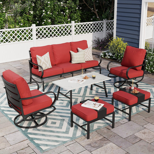 Alpha Joy 7 Seat Outdoor Patio Furniture Set Metal Conversation Set with Swivel Sofa Chairs & Table, Red