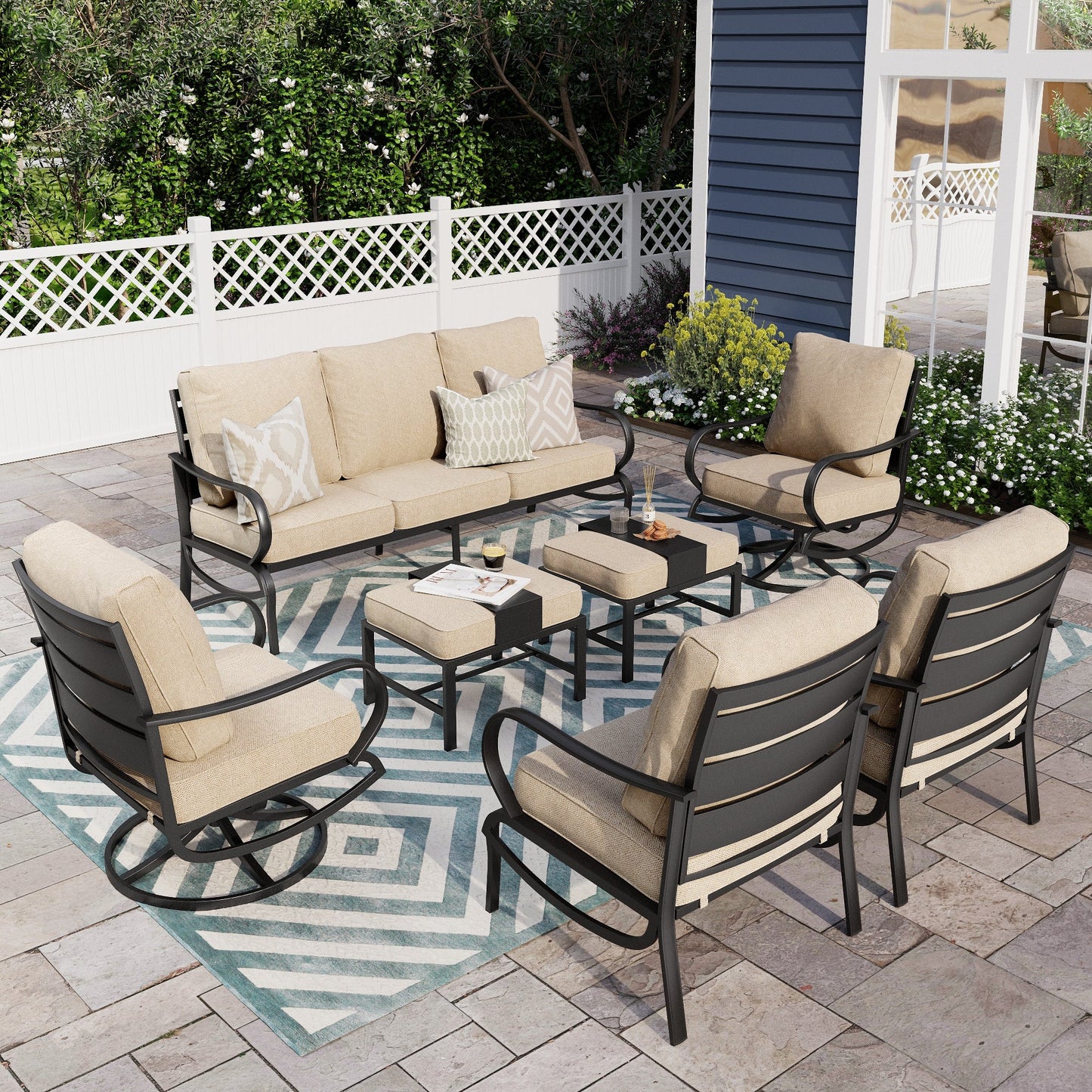 Alpha Joy 9 Seat Outdoor Patio Furniture Set Metal Conversation Set with 2 x Swivel & 2 x Fixed Sofa Chairs & 2 x Ottoman, Beige