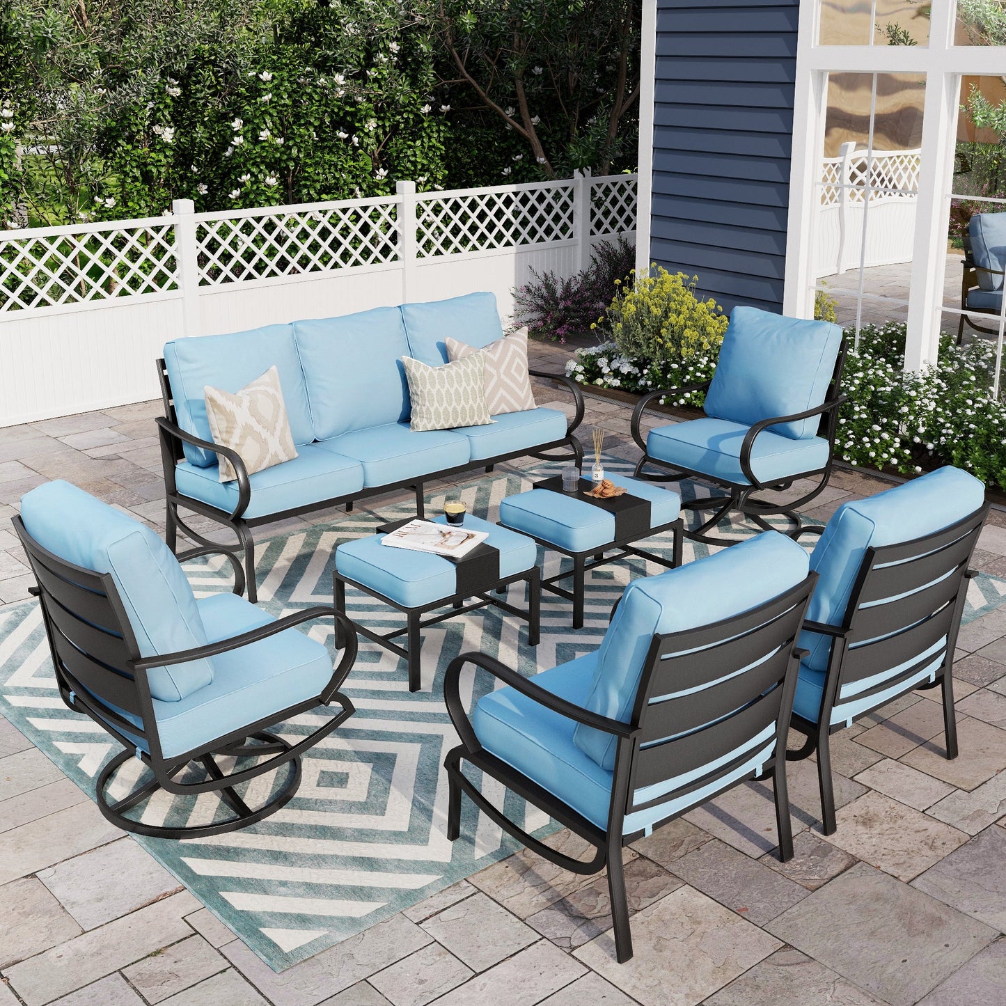 Alpha Joy 9 Seat Outdoor Patio Furniture Set Metal Conversation Set with 2 x Swivel & 2 x Fixed Sofa Chairs & 2 x Ottoman, Blue