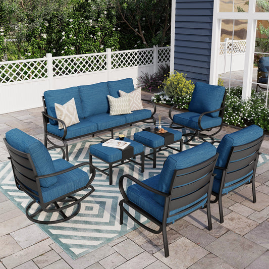 Alpha Joy 9 Seat Outdoor Patio Furniture Set Metal Conversation Set with 2 x Swivel & 2 x Fixed Sofa Chairs & 2 x Ottoman, Pacific Blue