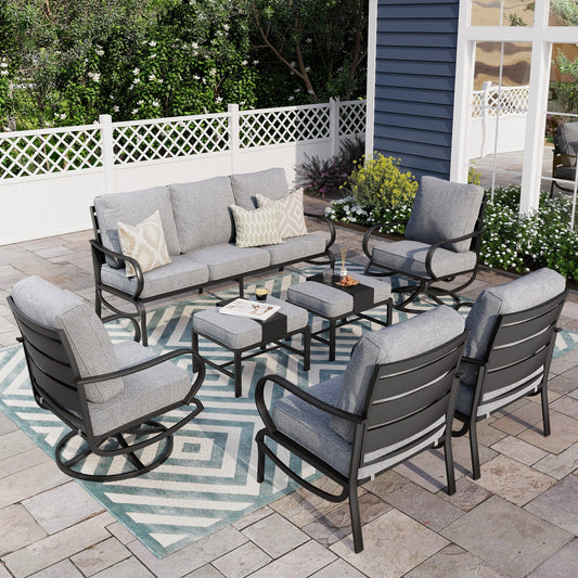 Alpha Joy 9 Seat Outdoor Patio Furniture Set Metal Conversation Set with 2 x Swivel & 2 x Fixed Sofa Chairs & 2 x Ottoman, Gray