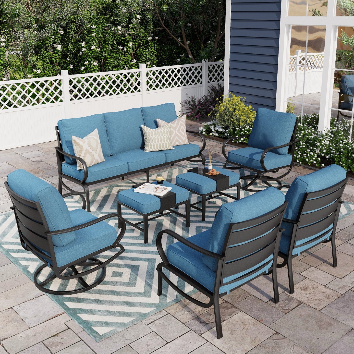 Alpha Joy 9 Seat Outdoor Patio Furniture Set Metal Conversation Set with 2 x Swivel & 2 x Fixed Sofa Chairs & 2 x Ottoman, Navy Blue