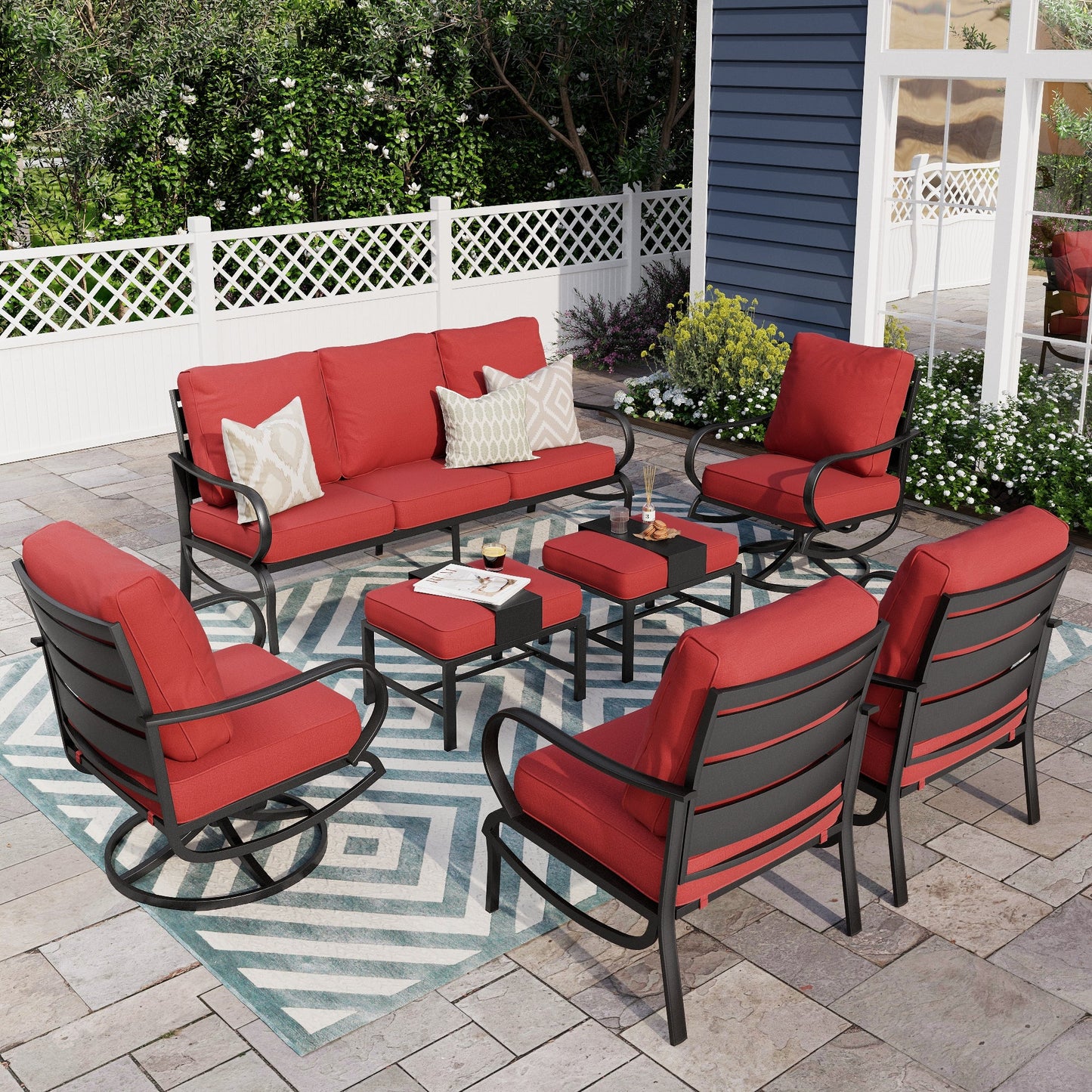 Alpha Joy 9 Seat Outdoor Patio Furniture Set Metal Conversation Set with 2 x Swivel & 2 x Fixed Sofa Chairs & 2 x Ottoman, Red