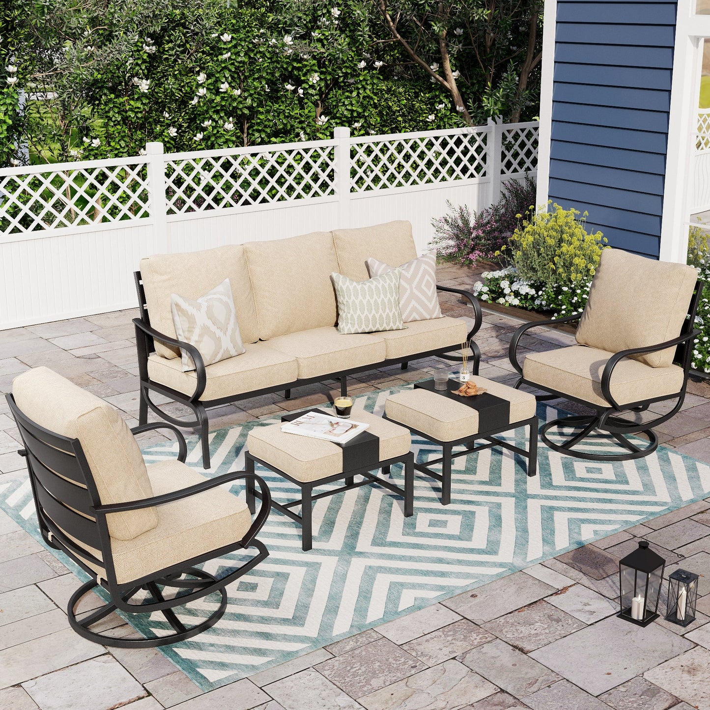 Alpha Joy 5 Piece Outdoor Patio Furniture Set Metal Conversation Set with Swivel Sofa Chairs & Ottomans, Beige