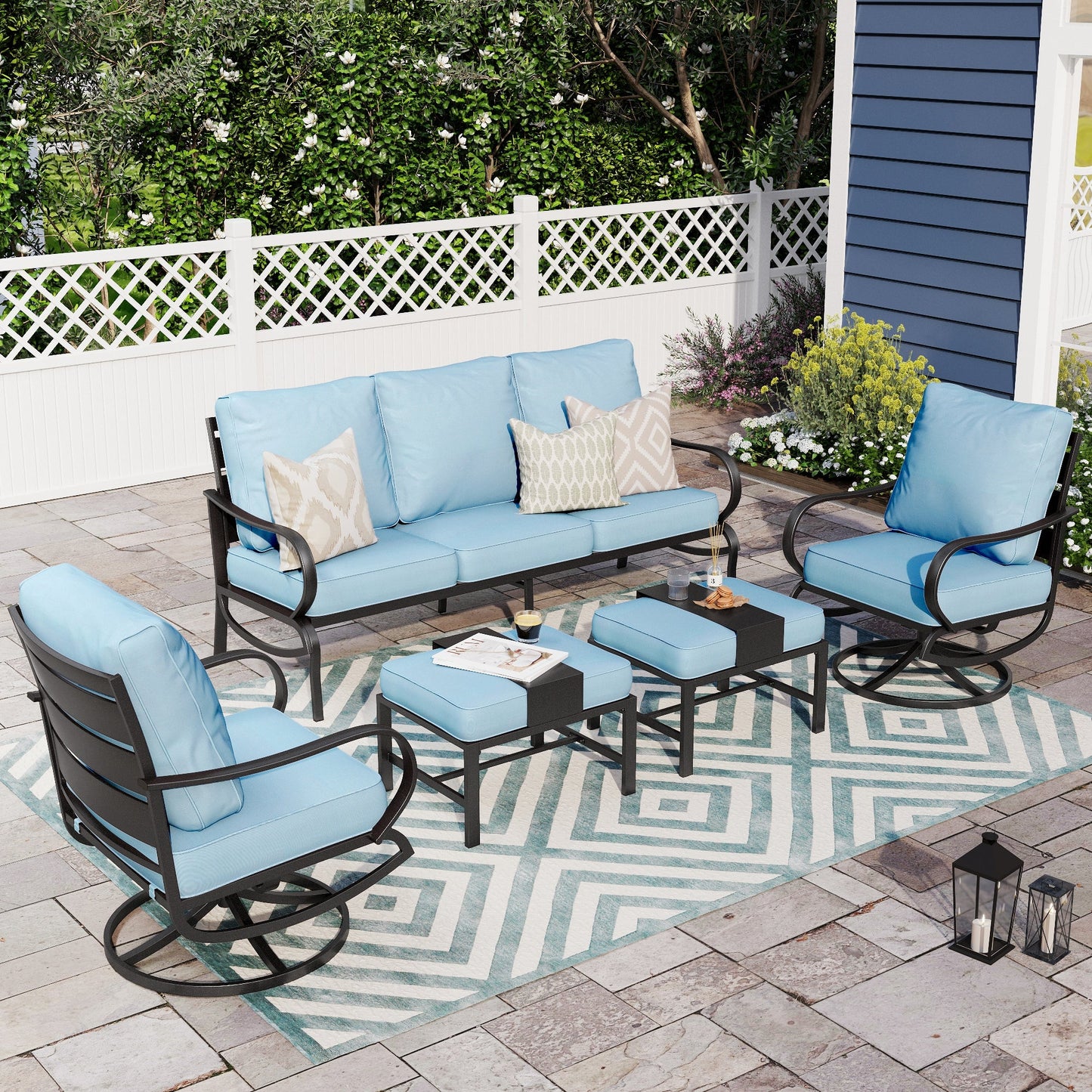 Alpha Joy 5 Piece Outdoor Patio Furniture Set Metal Conversation Set with Swivel Sofa Chairs & Ottomans, Blue