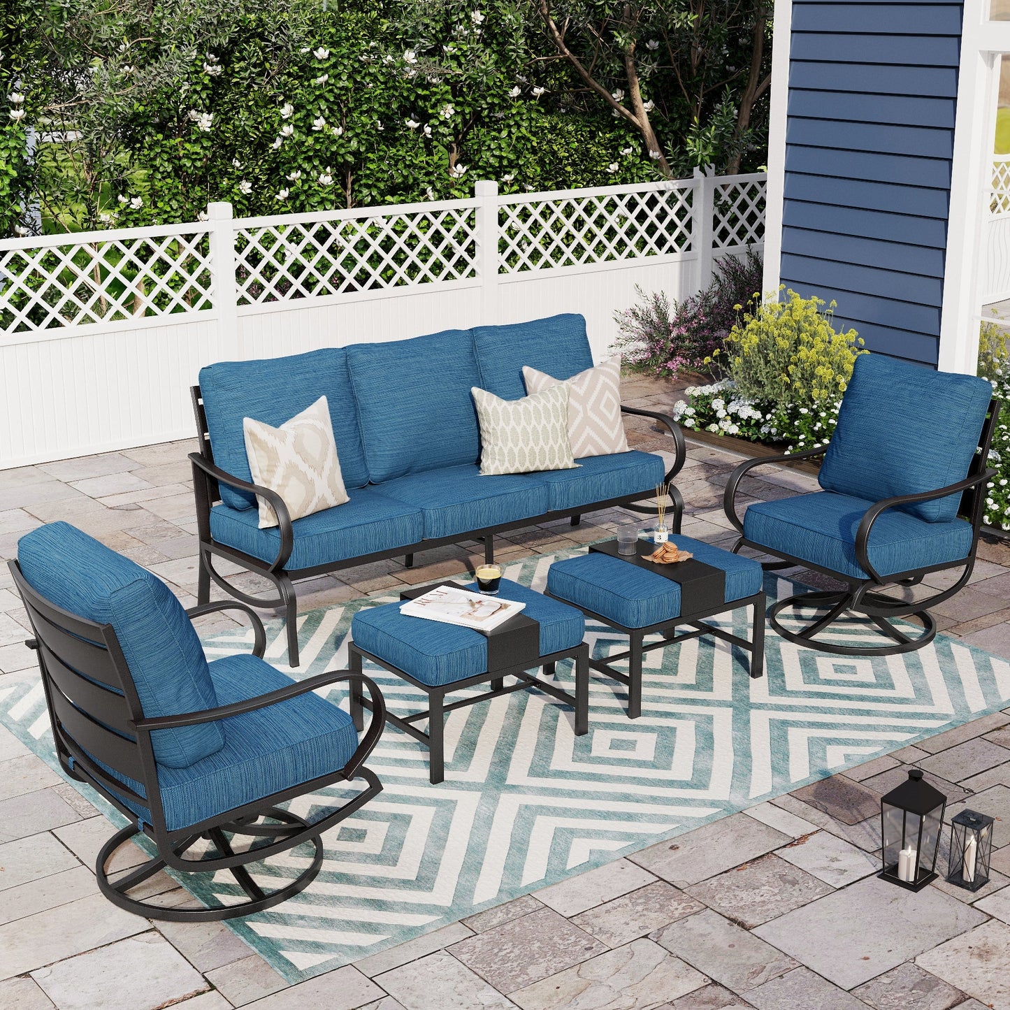 Alpha Joy 5 Piece Outdoor Patio Furniture Set Metal Conversation Set with Swivel Sofa Chairs & Ottomans, Pacific Blue