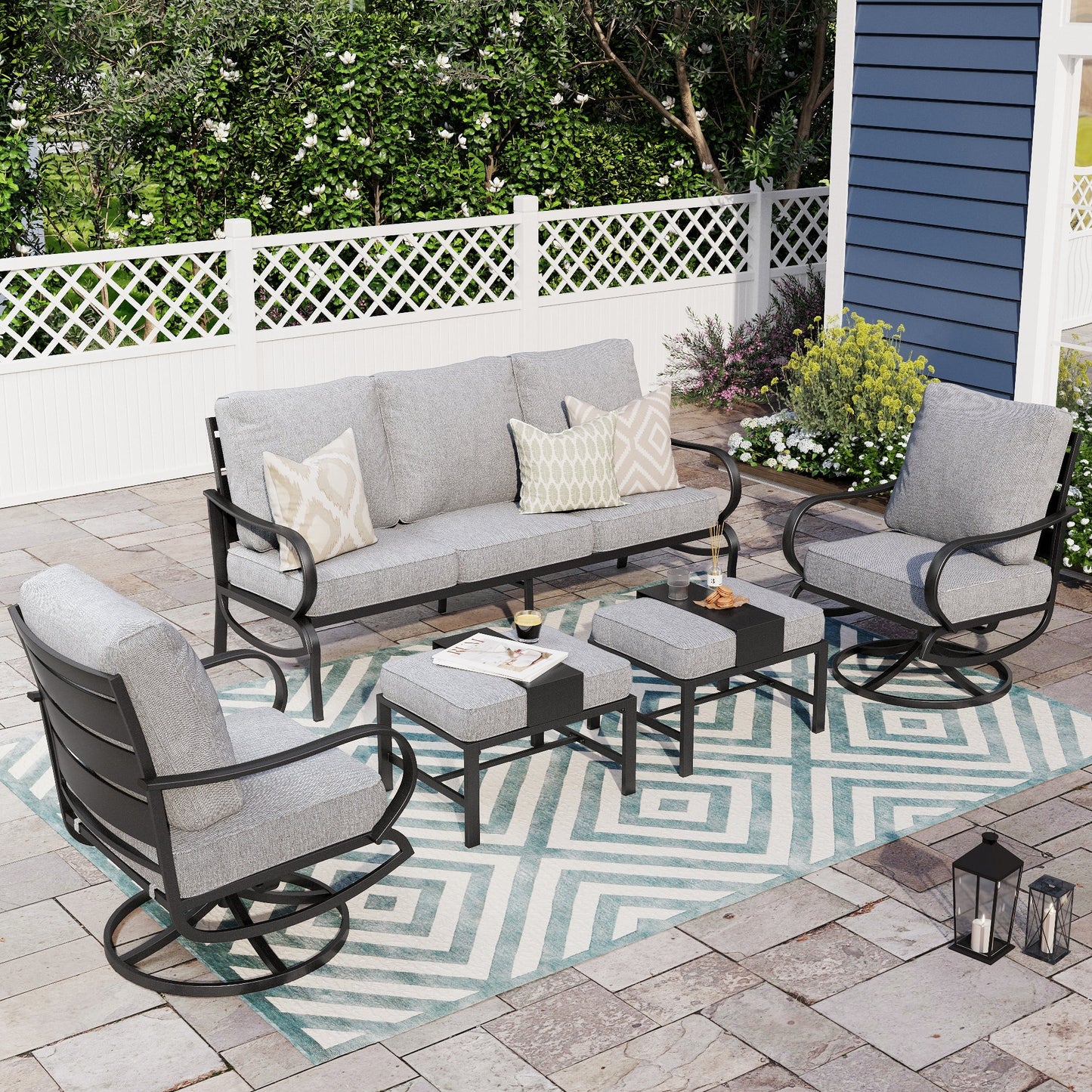 Alpha Joy 5 Piece Outdoor Patio Furniture Set Metal Conversation Set with Swivel Sofa Chairs & Ottomans, Gray