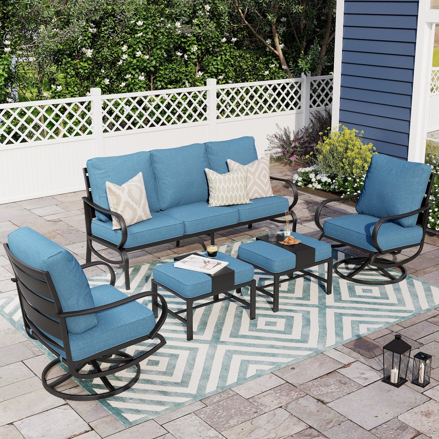 Alpha Joy 5 Piece Outdoor Patio Furniture Set Metal Conversation Set with Swivel Sofa Chairs & Ottomans, Navy Blue