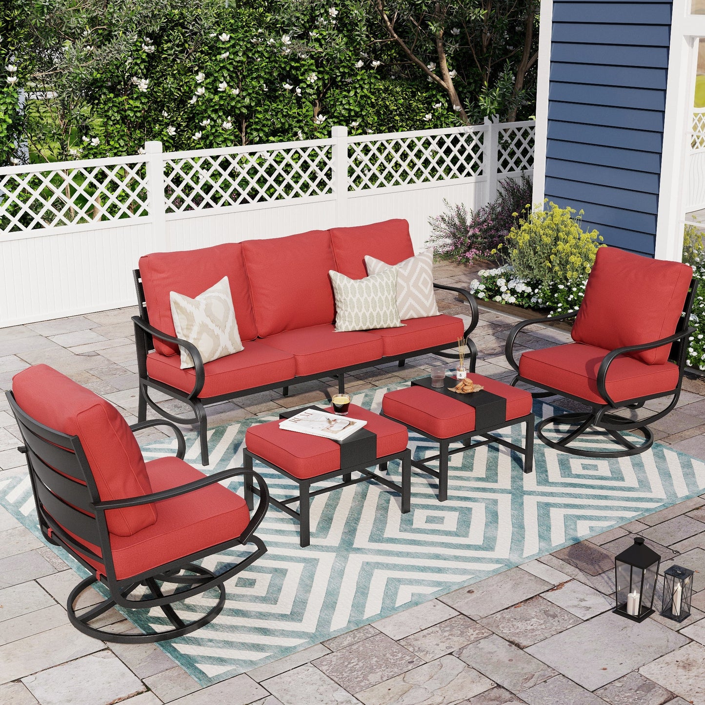 Alpha Joy 5 Piece Outdoor Patio Furniture Set Metal Conversation Set with Swivel Sofa Chairs & Ottomans, Red