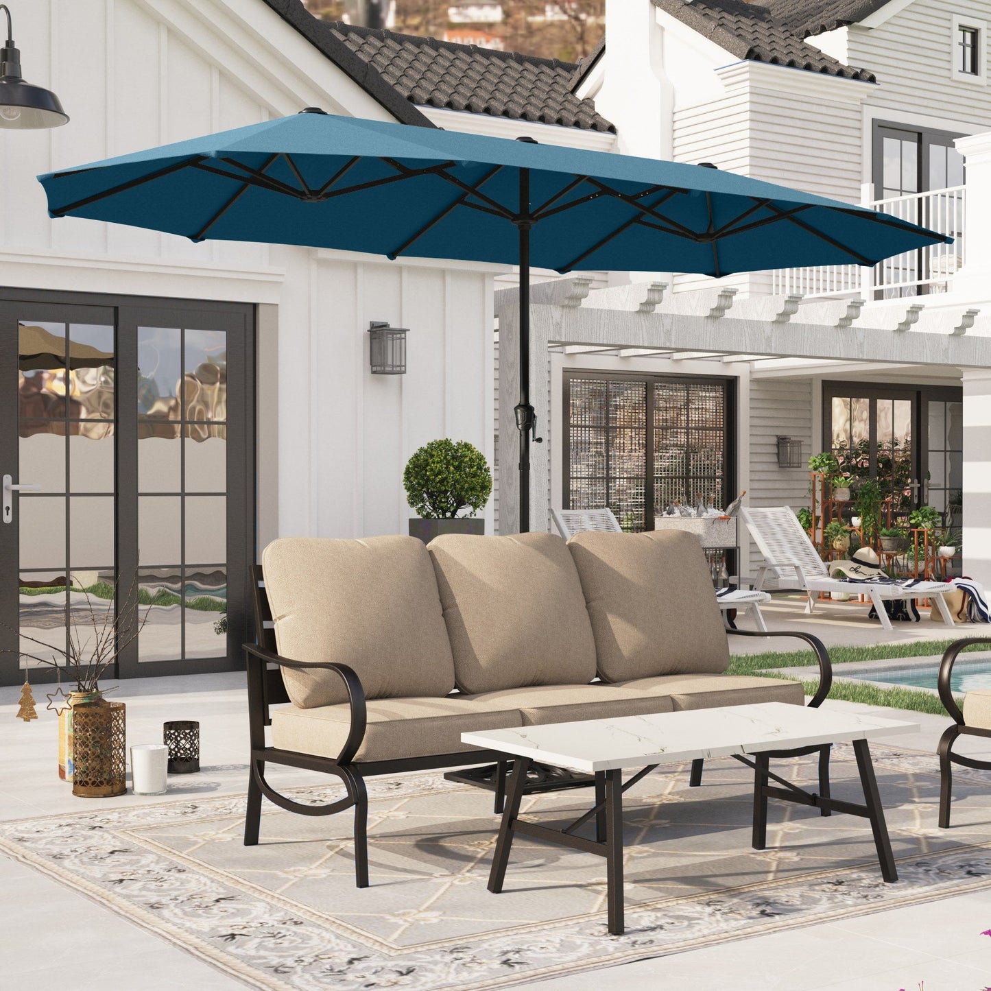 Alpha Joy 13x6.5ft Double-Sided Extra Large Outdoor Patio Market Rectangle Umbrella with Crank Handle, Cerulean