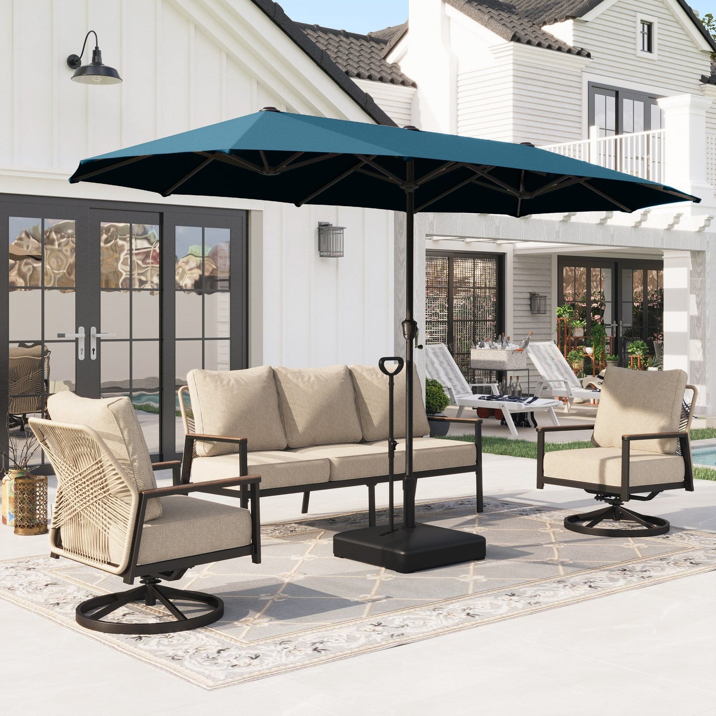 Alpha Joy 13ft Rectangle Double-Sided Extra Large Outdoor Patio Market Umbrella with 23.6'' Square Base, Cerulean