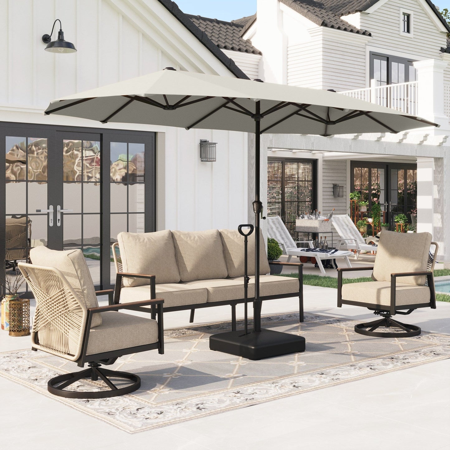 Alpha Joy 13ft Rectangle Double-Sided Extra Large Outdoor Patio Market Umbrella with 23.6'' Square Base, Ivory