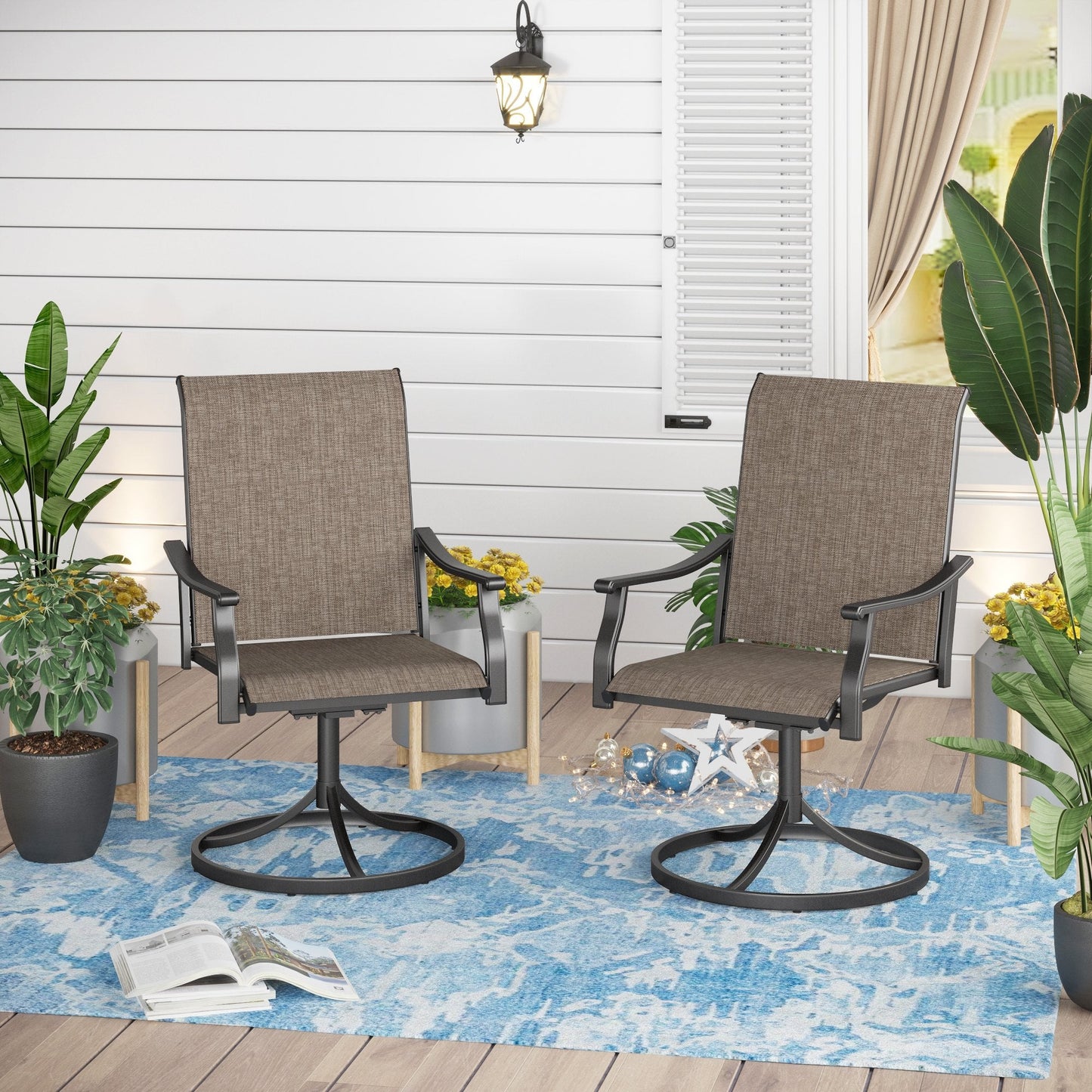 Sophia & William 2 Pieces Outdoor Patio Swivel Dining Chairs with Textilene Fabric & Steel Frame, Grayish-brown