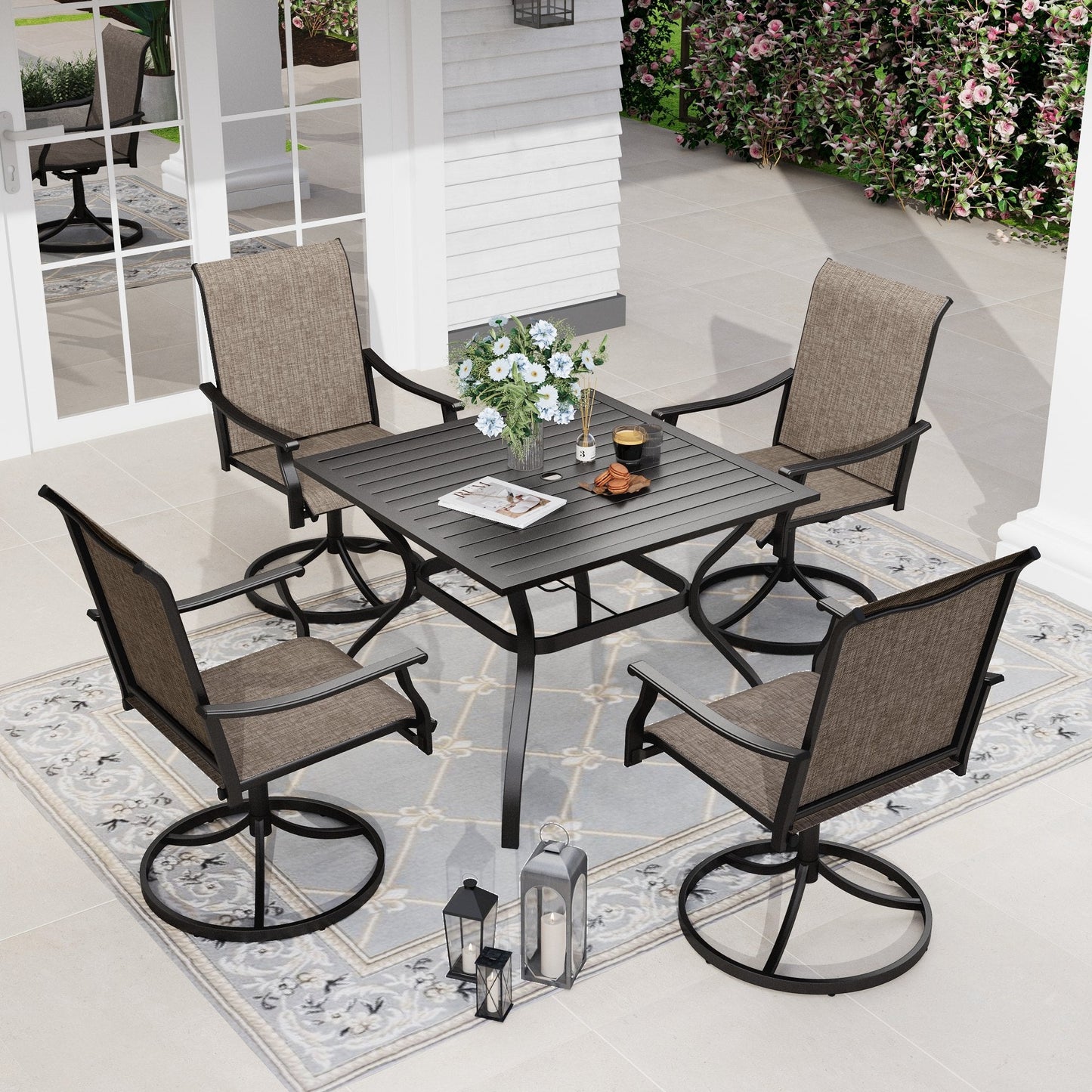 Sophia & William 5 Pieces Outdoor Patio Dining Set with Swivel Textilene Chairs & Square Metal Table for 4-person