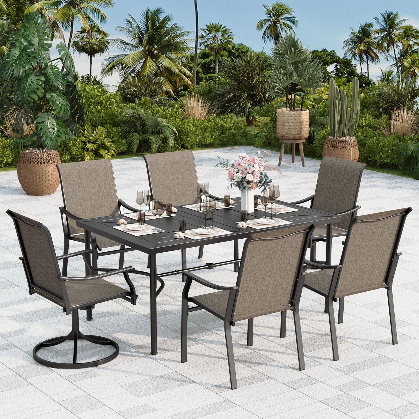 Sophia & William 7 Pieces Metal Outdoor Patio Dining Set with Fixed & Swivel Textilene Chairs for 6