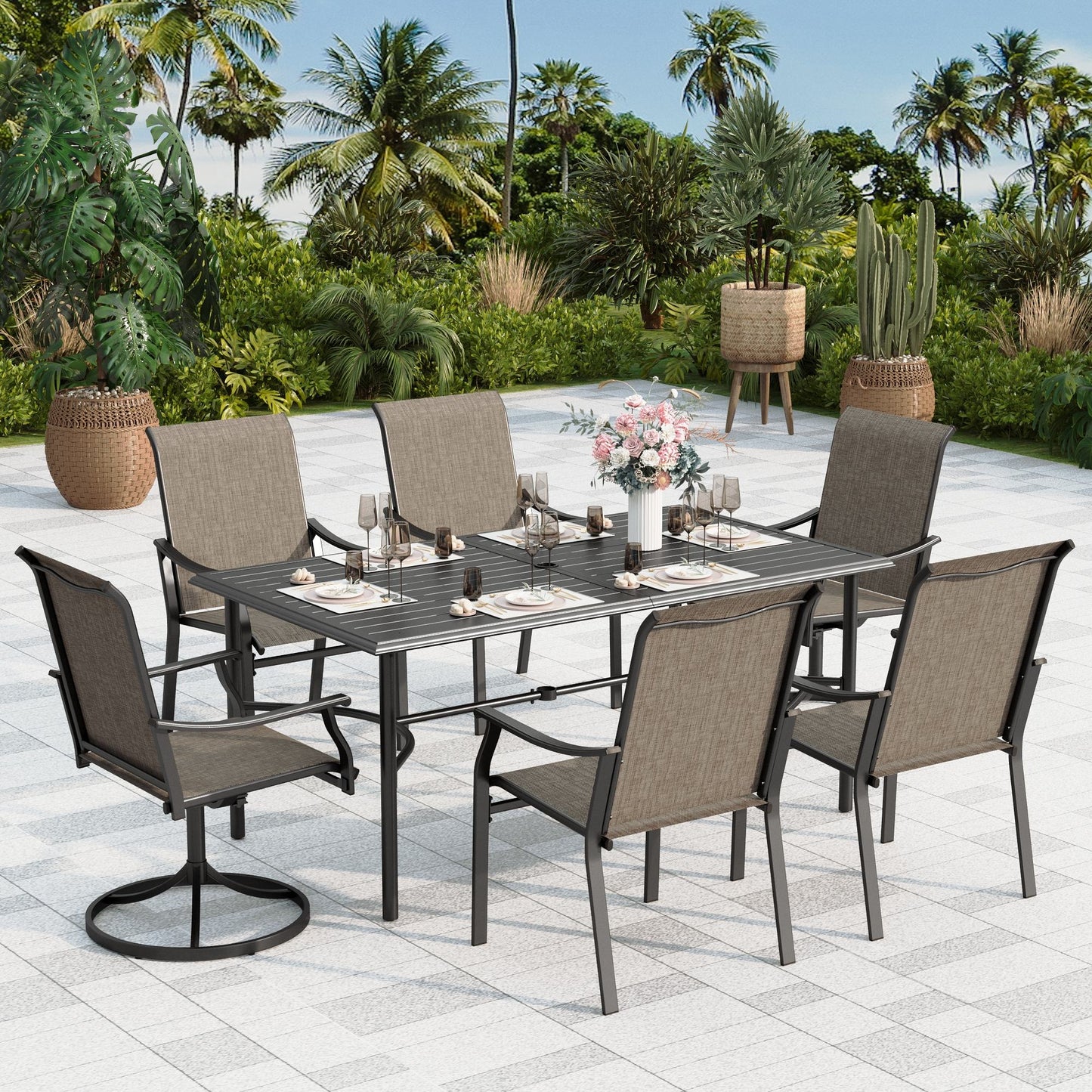 Sophia & William 7 Pieces Metal Outdoor Patio Dining Set with Fixed & Swivel Textilene Chairs for 6