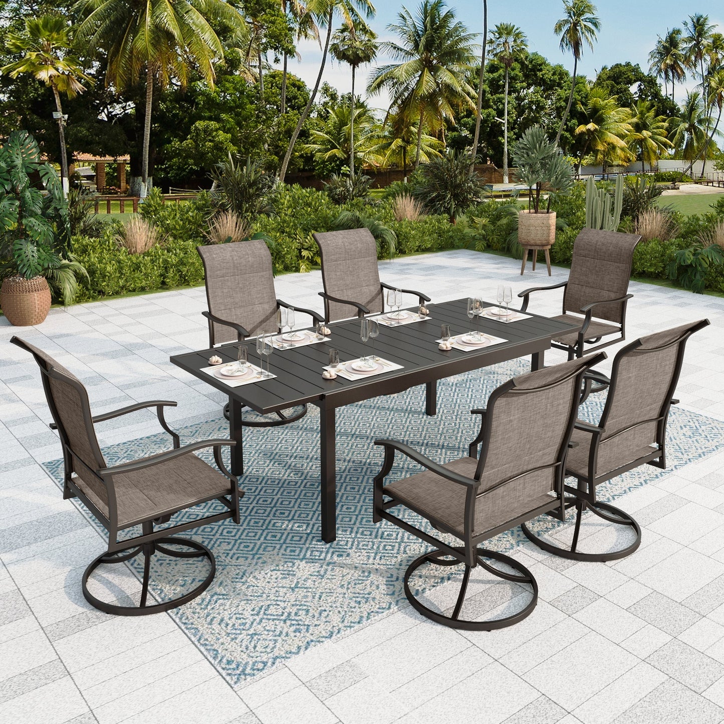 Sophia & William 7 Pieces Outdoor Patio Dining Set High Back Txetilene Chairs and Expandable Table Set