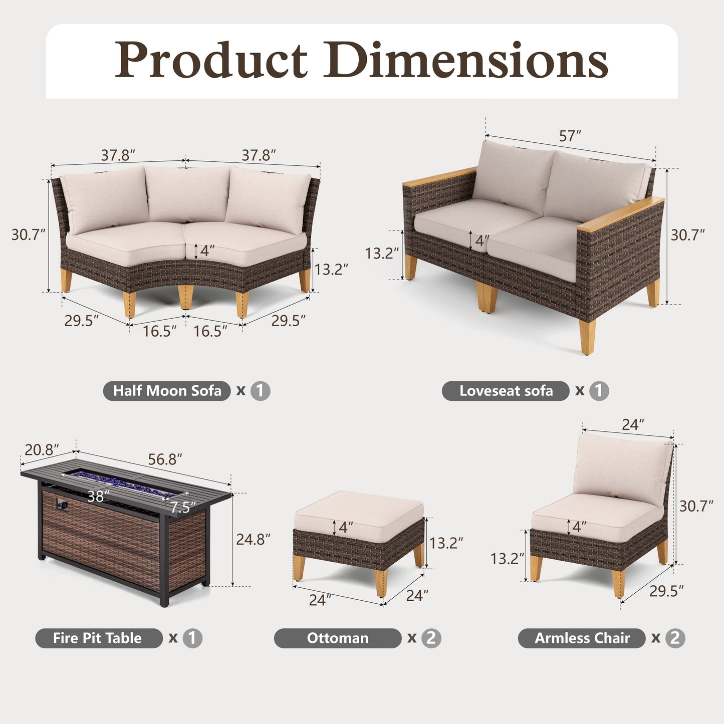 Alpha Joy 9 Pieces Outdoor Conversation Set with 56" Fire Pit Table Wicker Curved Patio Furniture, Beige