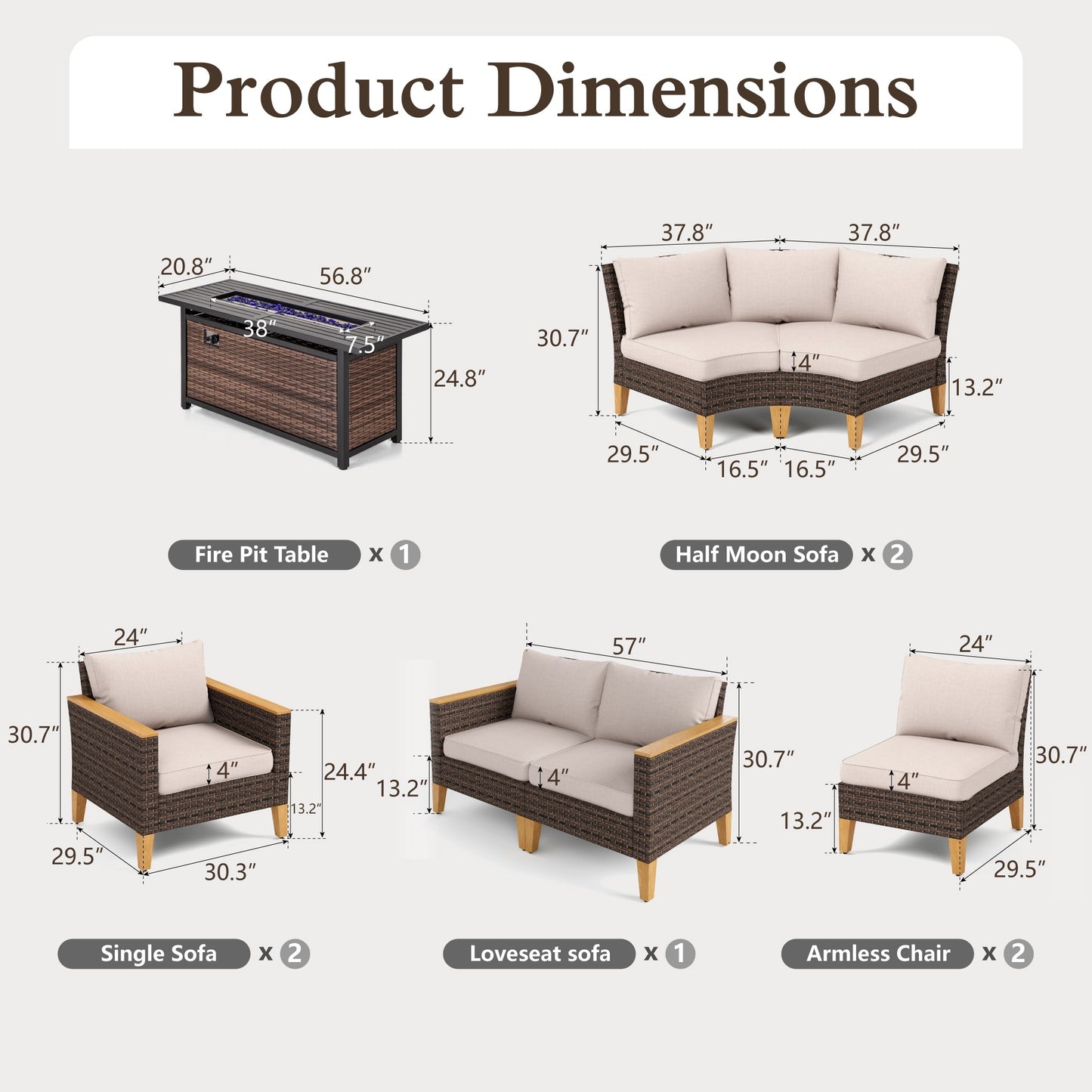 Alpha Joy 9 Pieces Wicker Outdoor Conversation Set with 56" Fire Pit Table Curved Patio Furniture Set, Beige