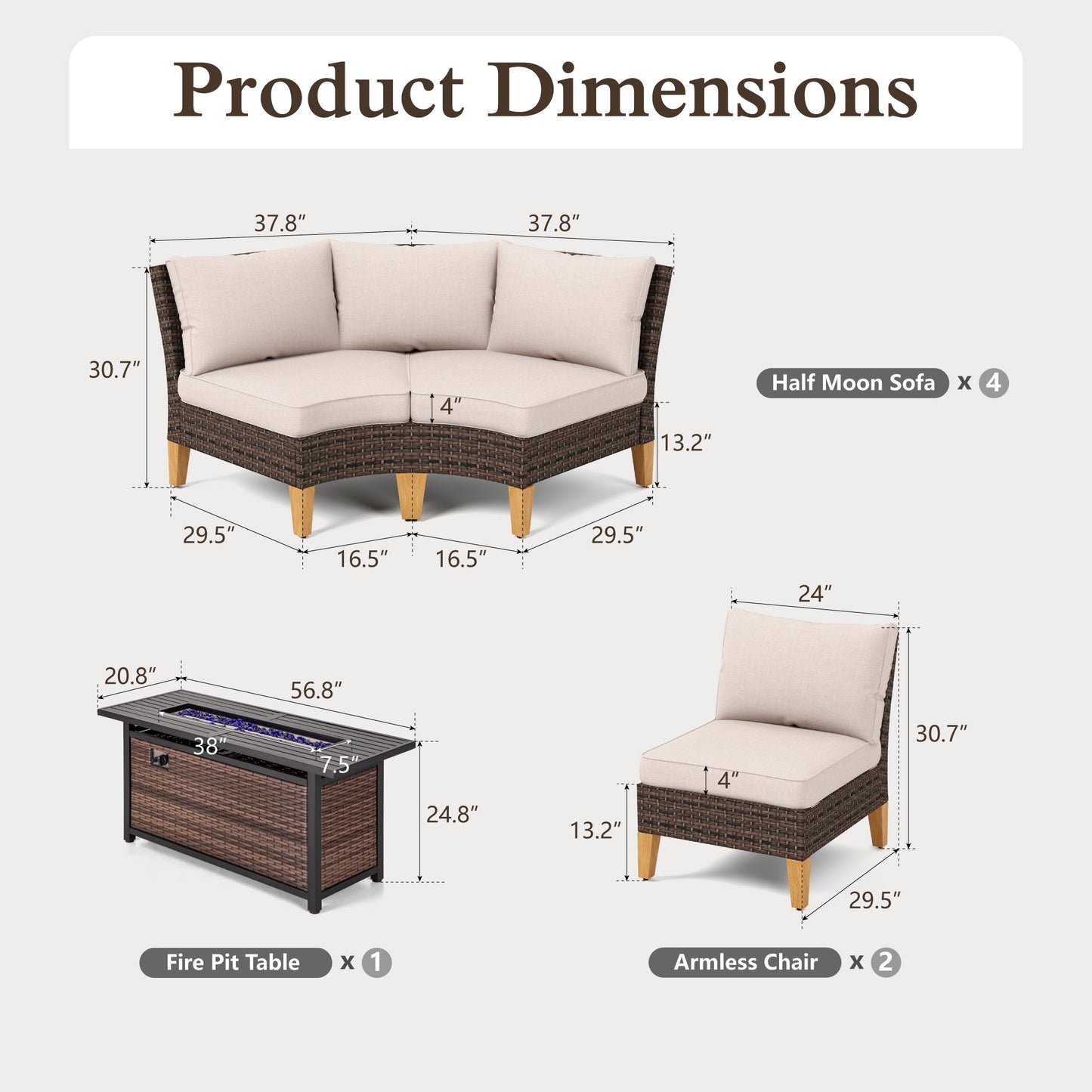 Alpha Joy 11 Pieces Outdoor Conversation Set with 56" Fire Pit Table Wicker Half-Moon Patio Furniture, Beige