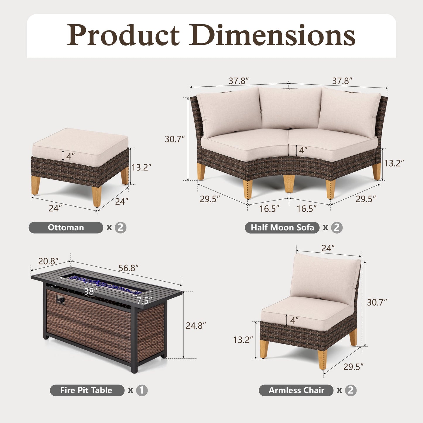 Alpha Joy 9 Pieces Outdoor Conversation Set with 56" Fire Pit Table Wicker Half-Moon Patio Furniture, Beige