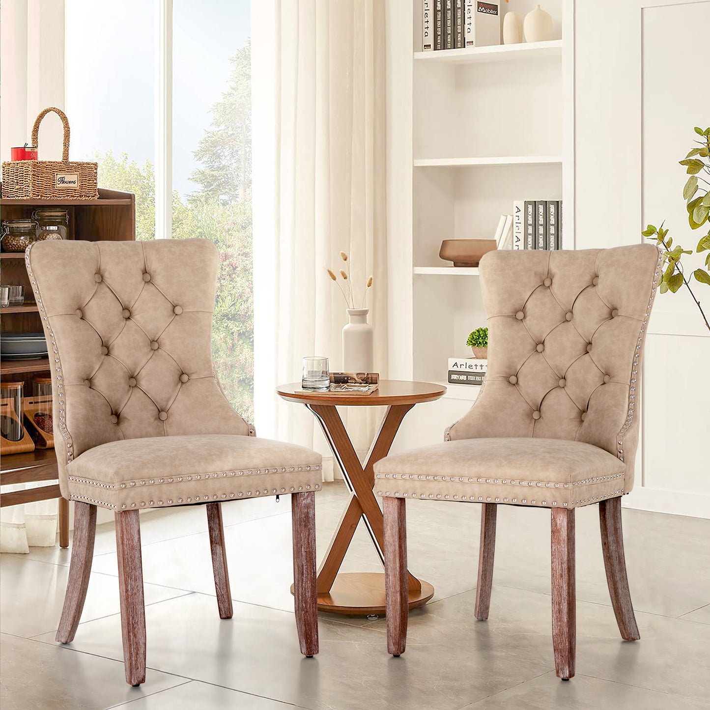 Sophia & William PU Leather Upholstered Dining Chairs with Ring Back-Set of 2-Beige