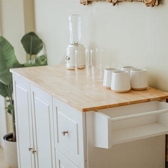 White Rolling Kitchen Island Cart with Drop-Leaf