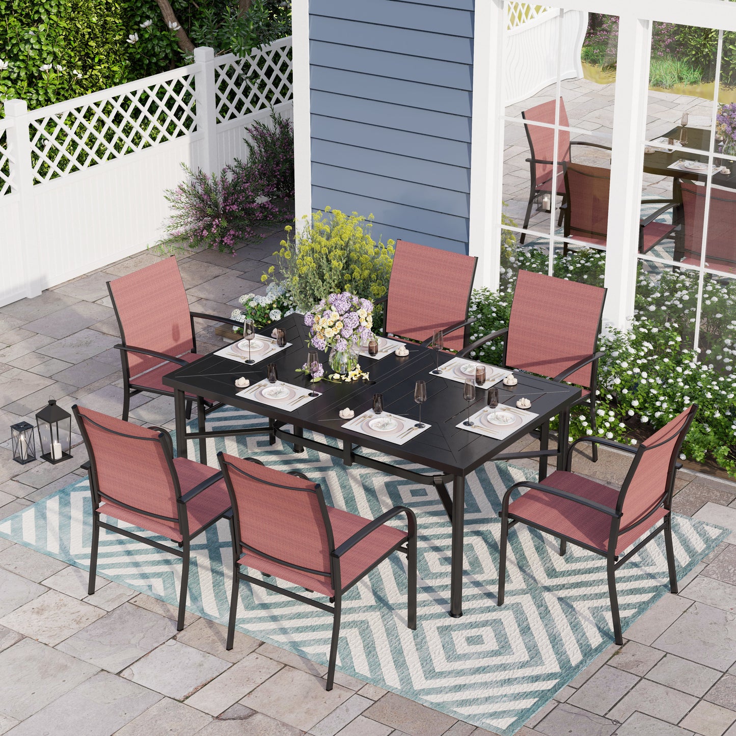 7 Piece Patio Metal Dining Set Expandable Patio Dining Table and 6 Red Textilene Chairs