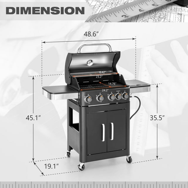 4-Burner Propane Gas Grill with Side Burner in Black