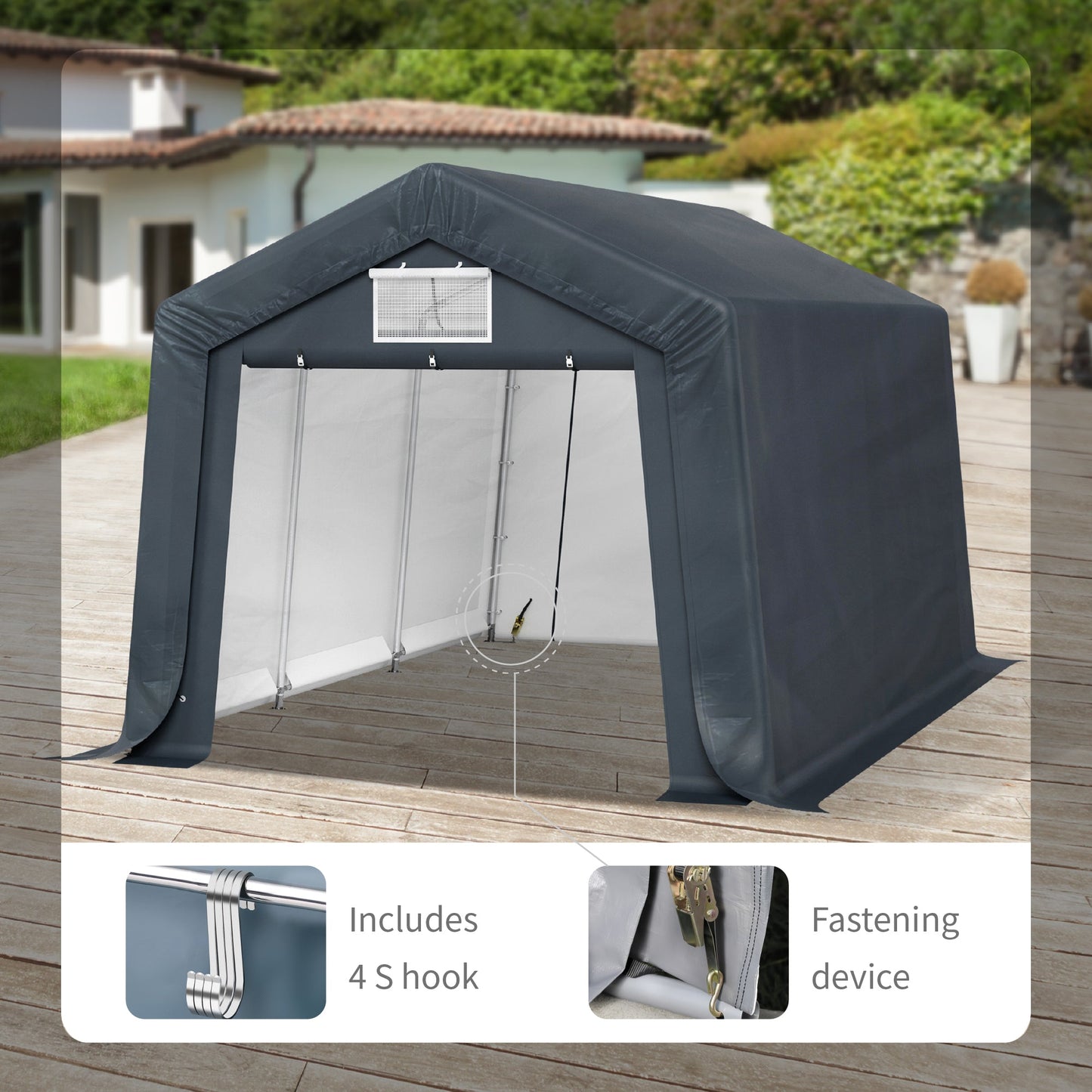 Alpha Joy 10 x 15 x 8.7 ft Portable Storage Shed Outdoor Heavy Duty Carport with Roll-up Ventilated Windows for Patio Furniture