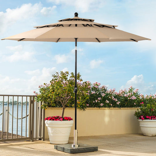 Alpha Joy 10ft 3 Tier Auto-tilt Outdoor Patio Umbrella with Push Button Tilt and Crank, Beige