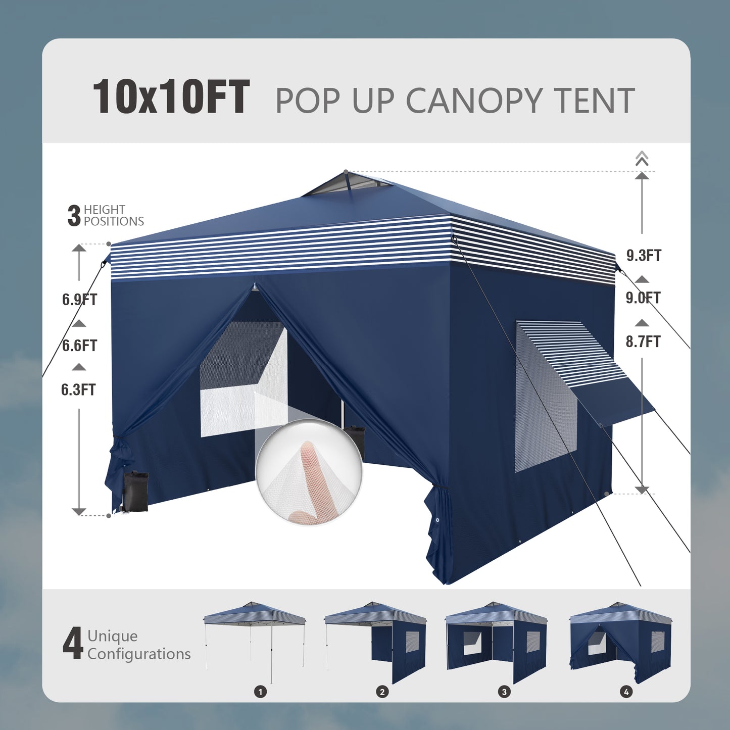 10'x 10'ft Pop Up 3 Height Adjustable Canopy Tent with 4 Side Walls