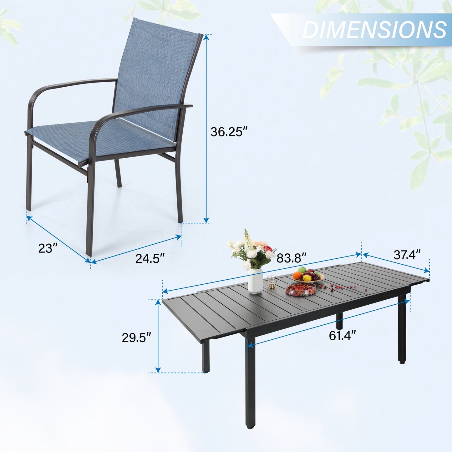 7 Piece Patio Metal Dining Set Expandable Patio Dining Table and 6 Blue Textilene Chairs