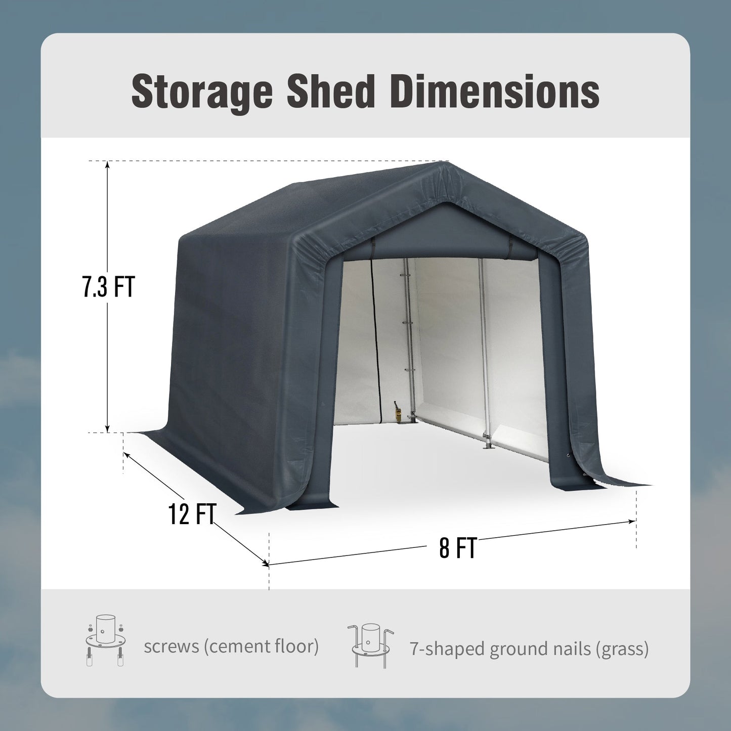 Alpha Joy 8 x 12 x 7.3 ft Portable Storage Shed Outdoor Heavy Duty Carport with Roll-up Ventilated Windows for Patio Furniture