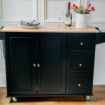 Black Rolling Kitchen Island Cart with Drop-Leaf