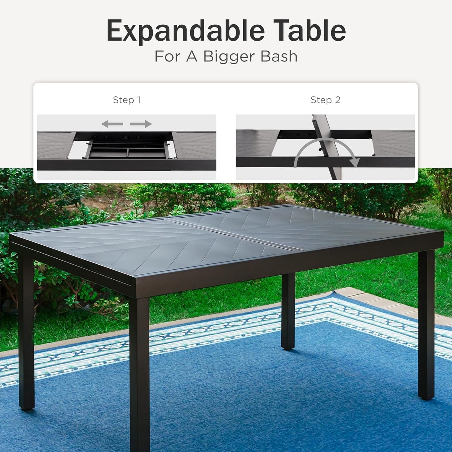 BELIEVE WHAT YOU GET Believe What You Get Outdoor Dining Table, Rectangle Extendable Dining Table for 6-8 Person, Metal Outdoor Table with Adjustable Legs for Garden Deck, 83.9" x 37.4" x 29.5", Black