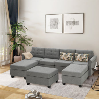 Slate 4-Seater Grey Sofa with 3  Ottomans