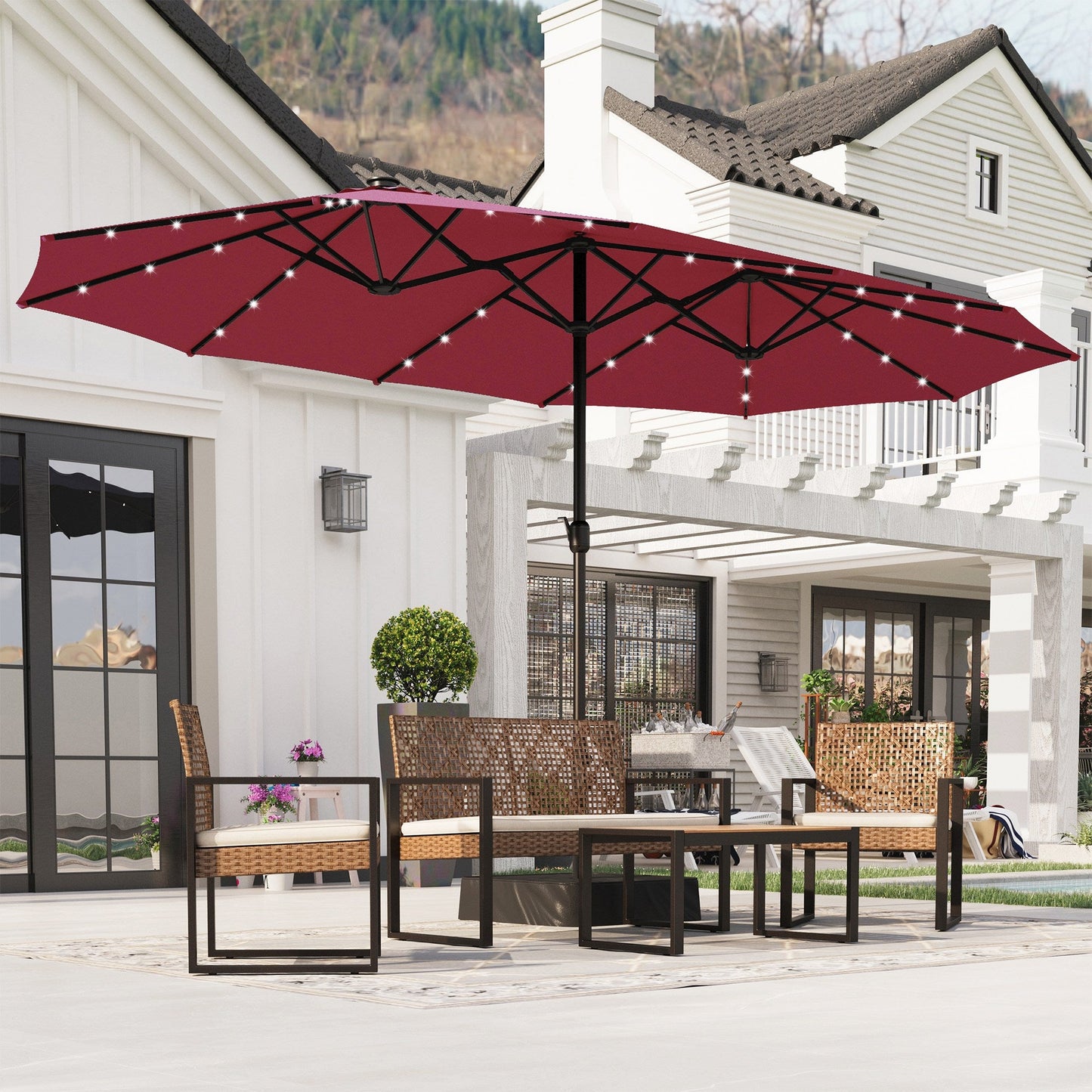 Sophia & William 15FT Outdoor Patio Umbrella Extra Large Double-Sided Garden Umbrella with Crank Handle, Red