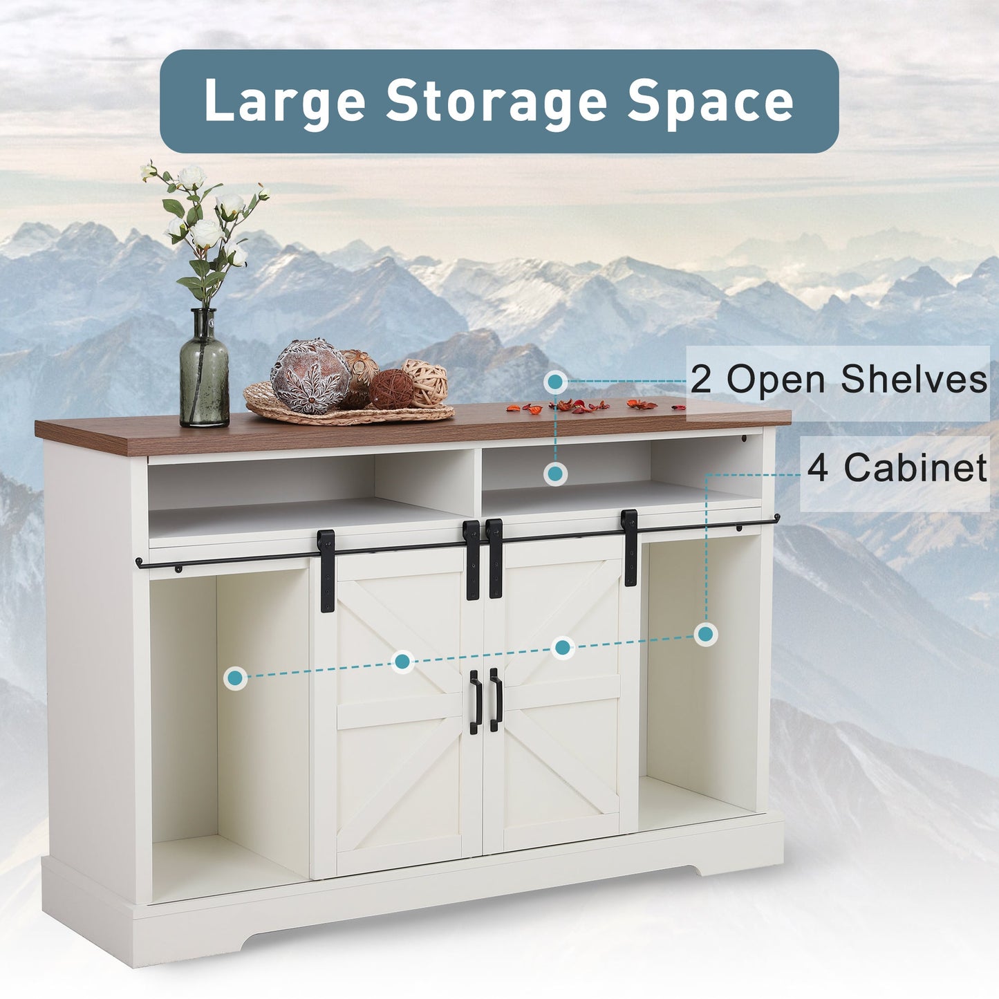 52'' Sliding Barn Door Kitchen Sideboard Buffet Storage Cabinet-White