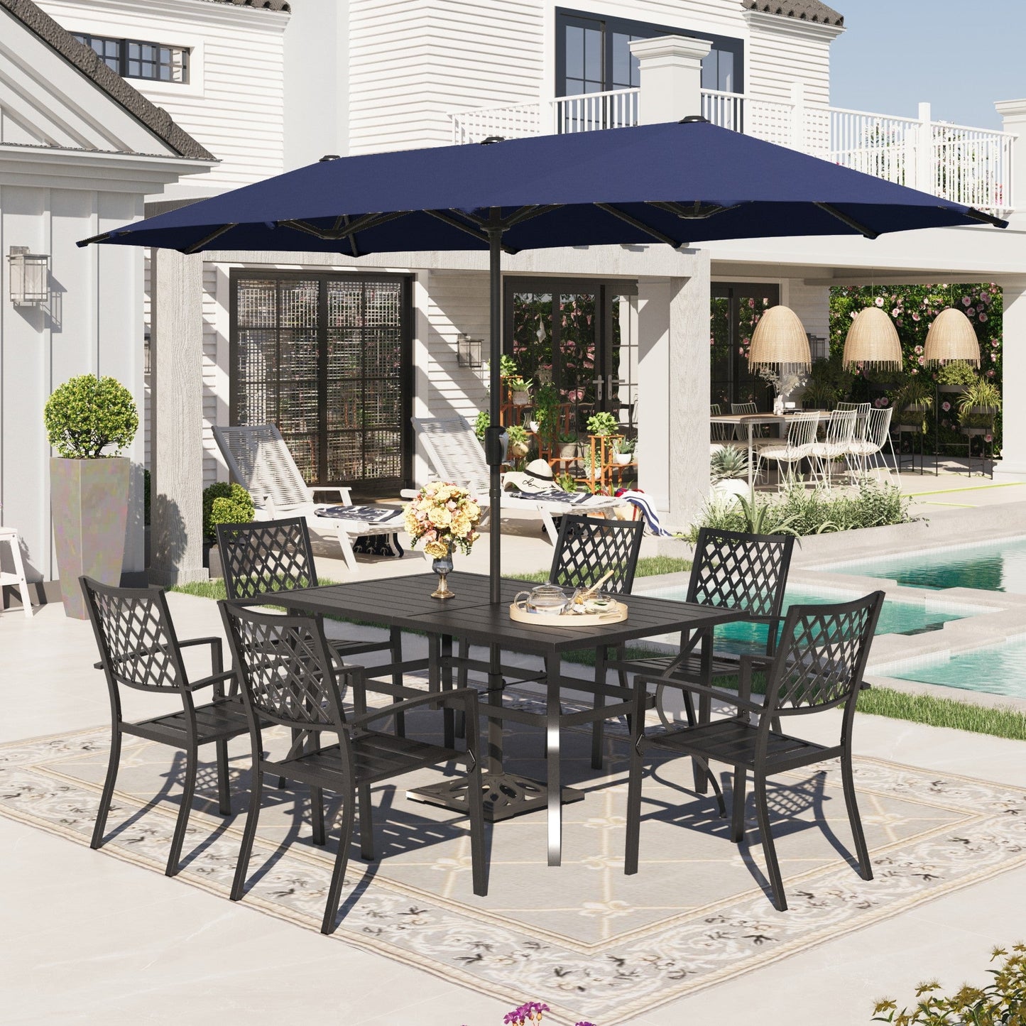 Alpha Joy 8-Piece Outdoor Patio Dining Set with 13 ft Navy Umbrella, Metal Chairs & Rectangle Table for 6