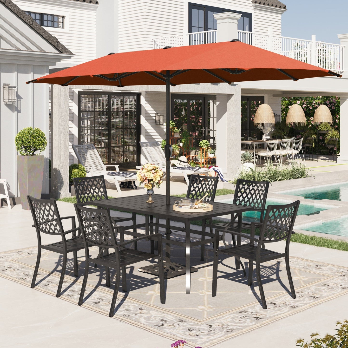 Alpha Joy 8-Piece Outdoor Patio Dining Set with 13 ft Navy Umbrella, Metal Chairs & Rectangle Table for 6